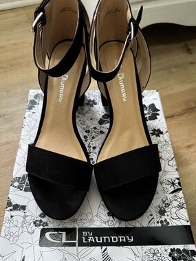 CL by Laundry Black Suede Open-Toe Ankle-Strap Heels